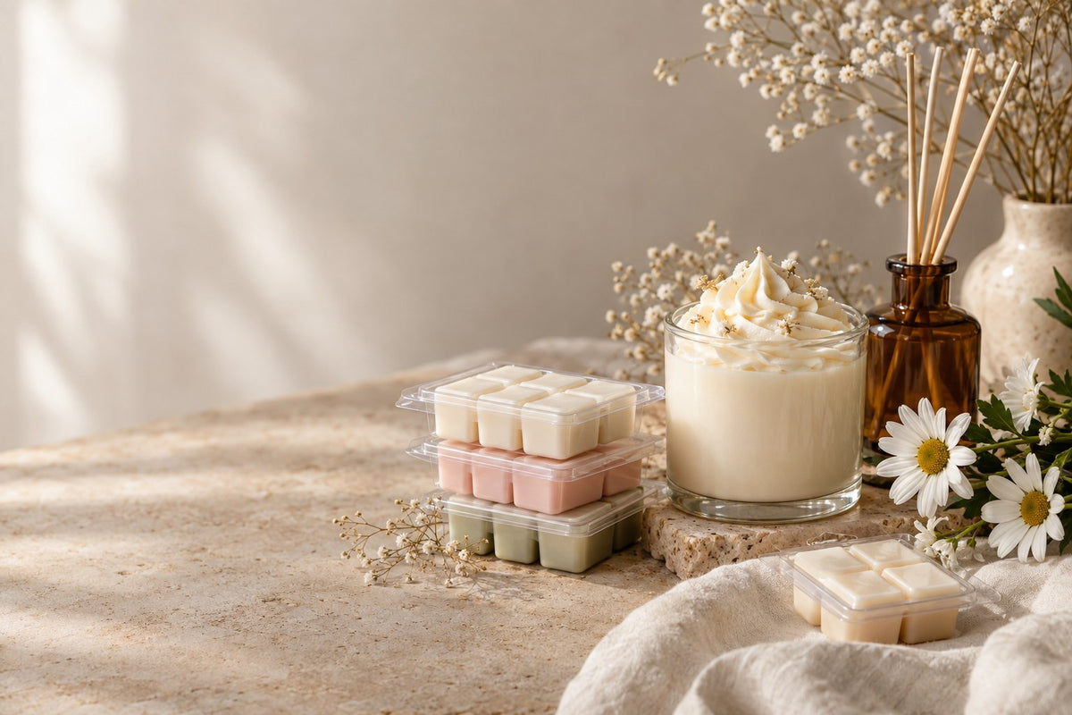 Handmade wax melts, whipped candle and daisies on a cream linen table