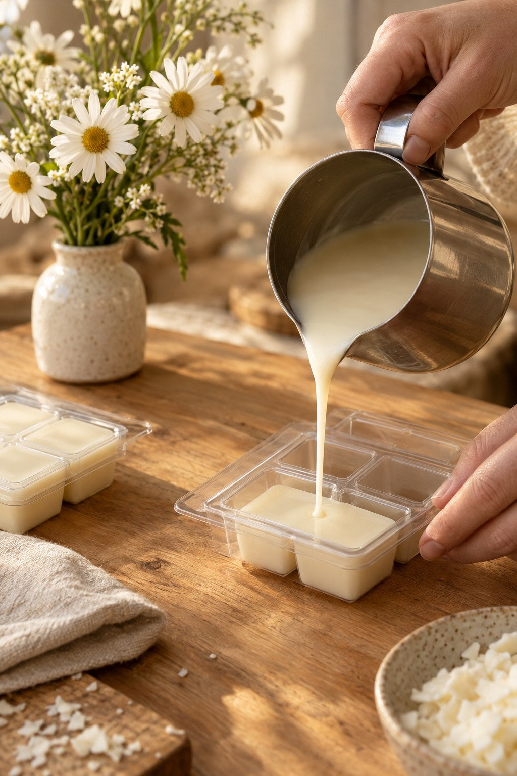 Pouring soy wax into wax melt molds by hand